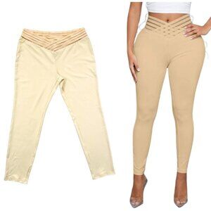 High-Waisted Nude Beige Leggings With Crisscross Waistband Women's Size M